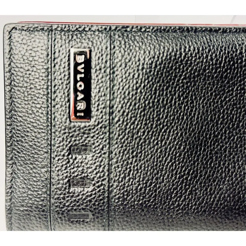 BVLGARI Black Pebbled Calfskin Leather Long Bifold Wallet Unisex‎ Metal Logo